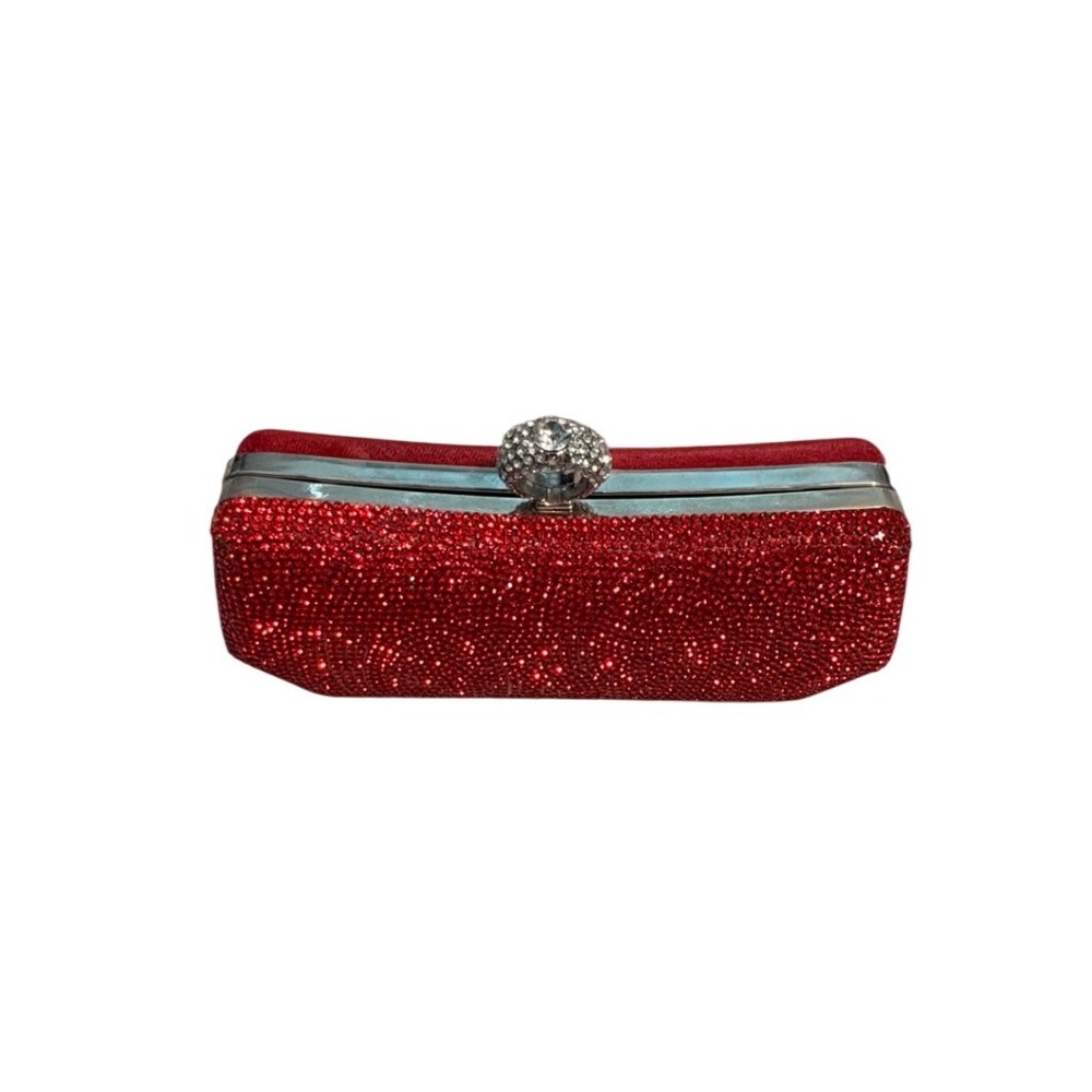 Red Rhinestone Evening Clutch Bag Silver Ring Clasp Glitter Minaudiere Holiday